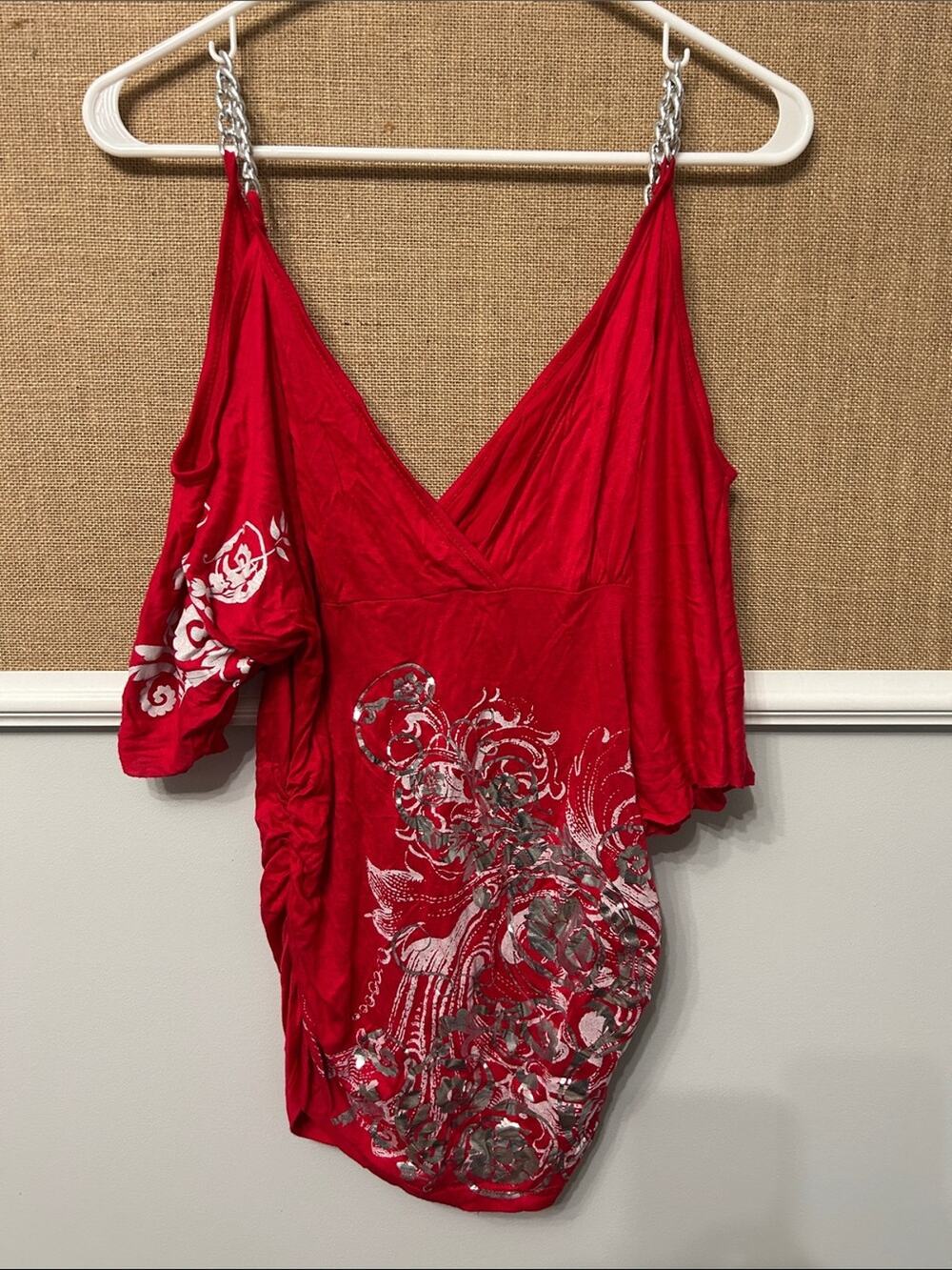 Body Central Red Chain Strap Wrap-Front Top with Silver Floral Print